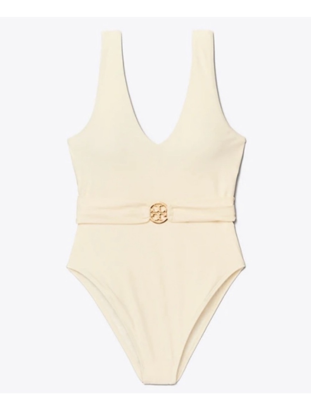 Tory Burch Miller Plunge Ivory/Cream One-Piece Swimsuit with Gold Logo Accent
